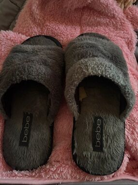 bebe Gray Plush Slide Slippers